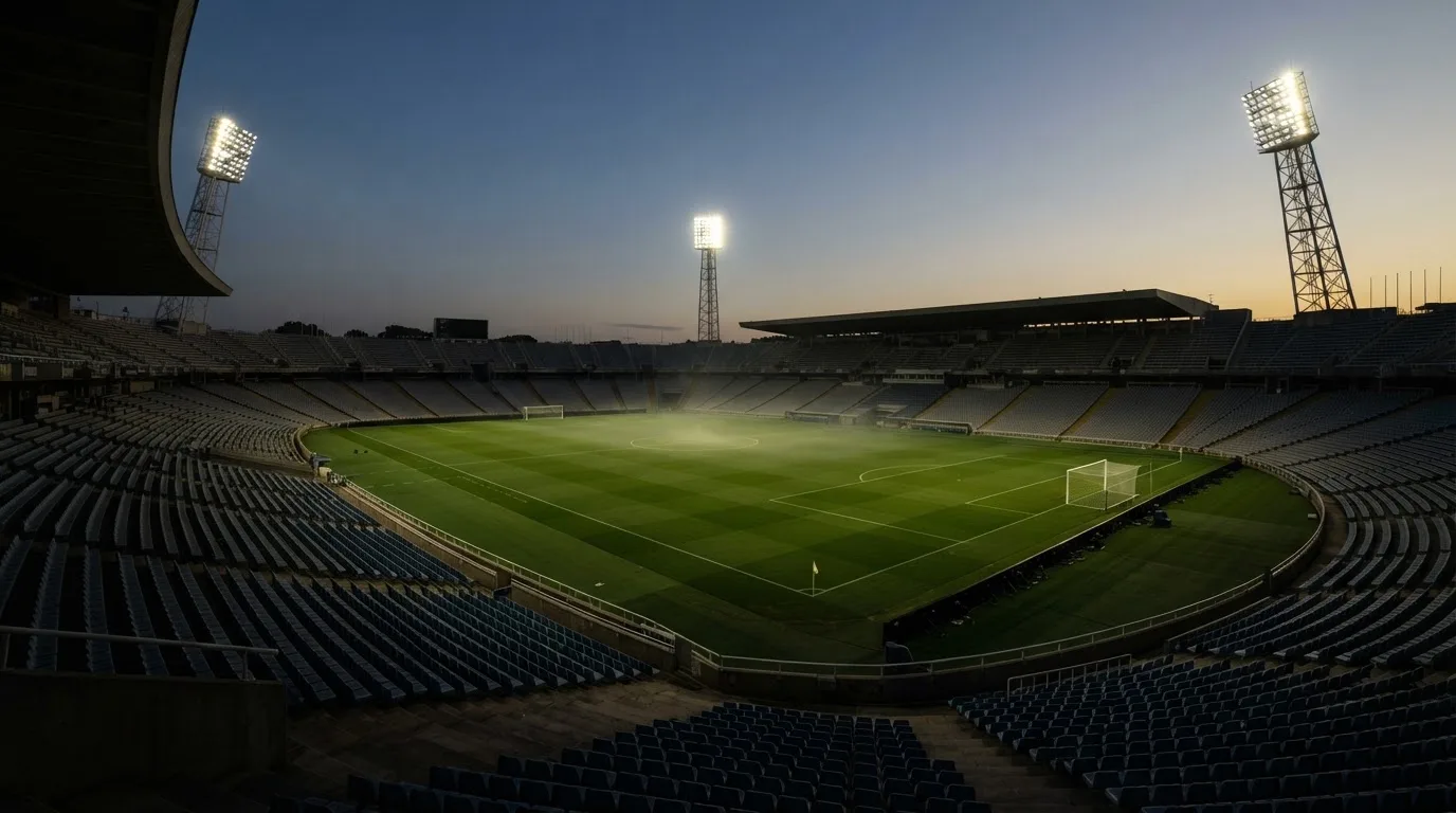 An empty football stadium with floodlight masts at dusk