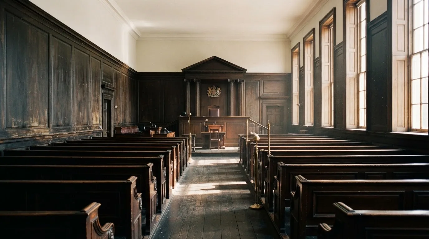 An empty courtroom with wooden benches in morning light