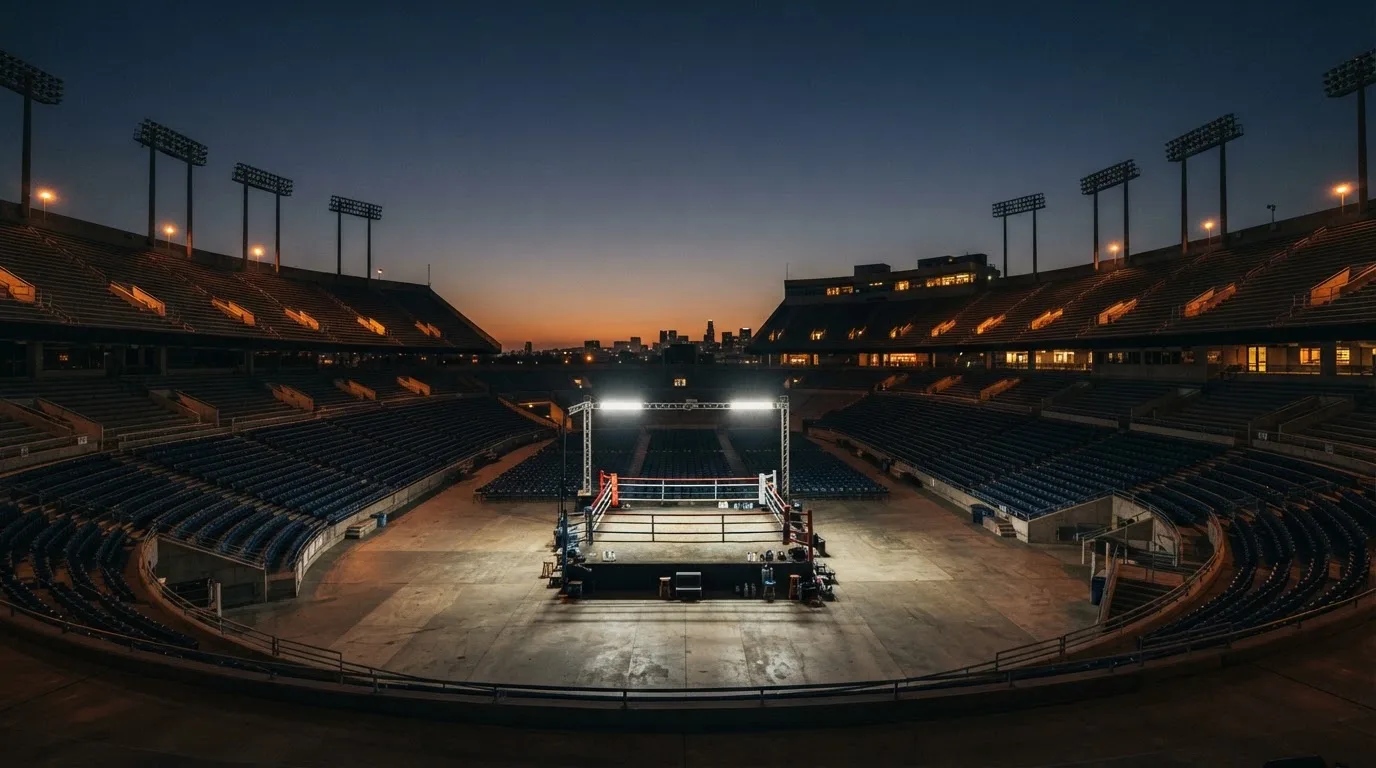 An empty football stadium with floodlight masts at dusk