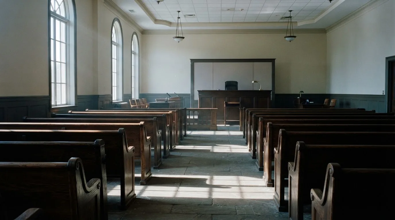 An empty courtroom with wooden benches in morning light
