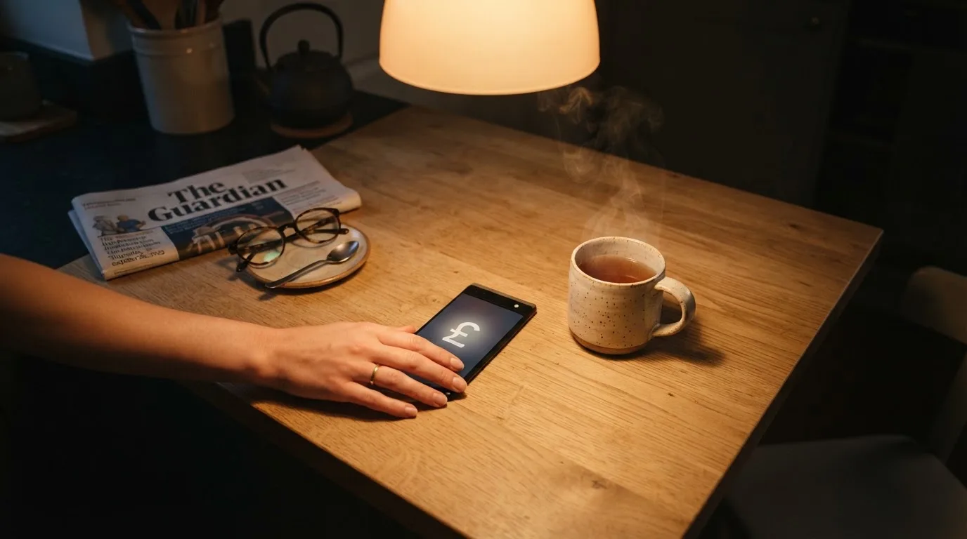 A hand setting a smartphone down beside a cup of tea on a kitchen table on a quiet evening