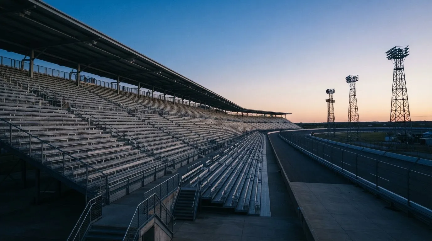 An empty football stadium with floodlight masts at dusk