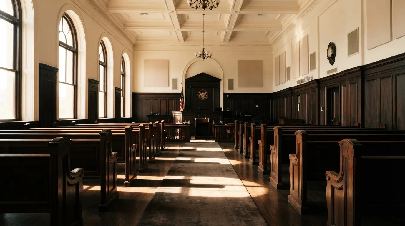 An empty courtroom with wooden benches in morning light