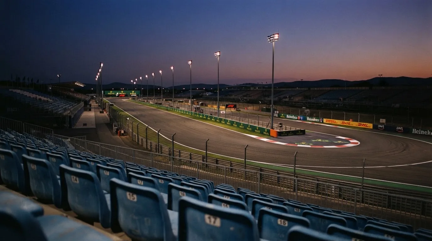 An empty football stadium with floodlight masts at dusk