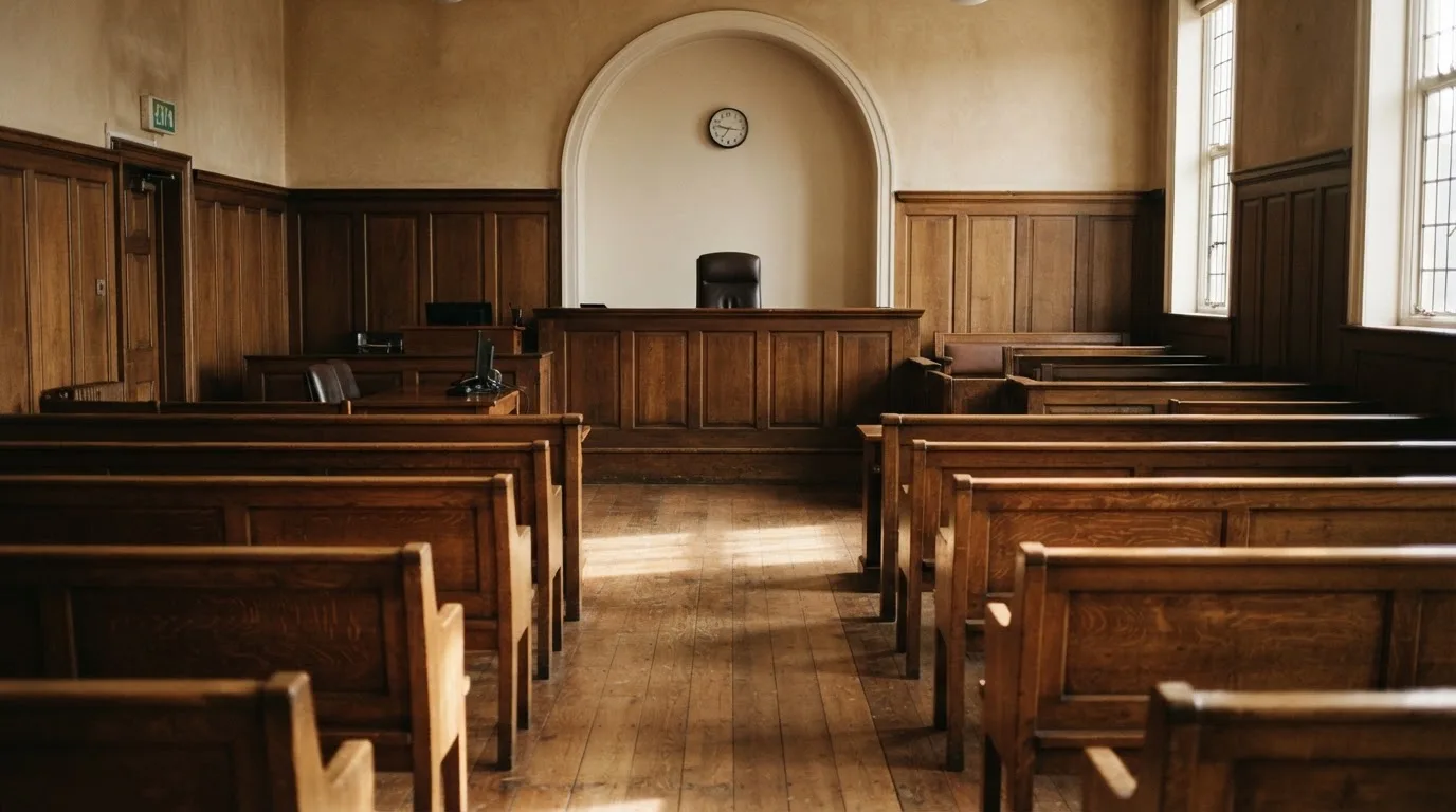 An empty courtroom with wooden benches in morning light