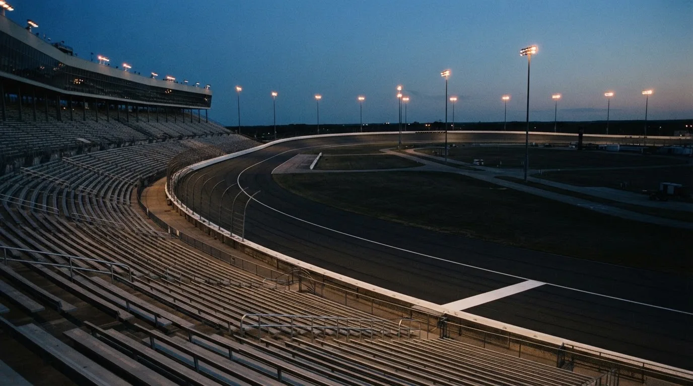 An empty football stadium with floodlight masts at dusk