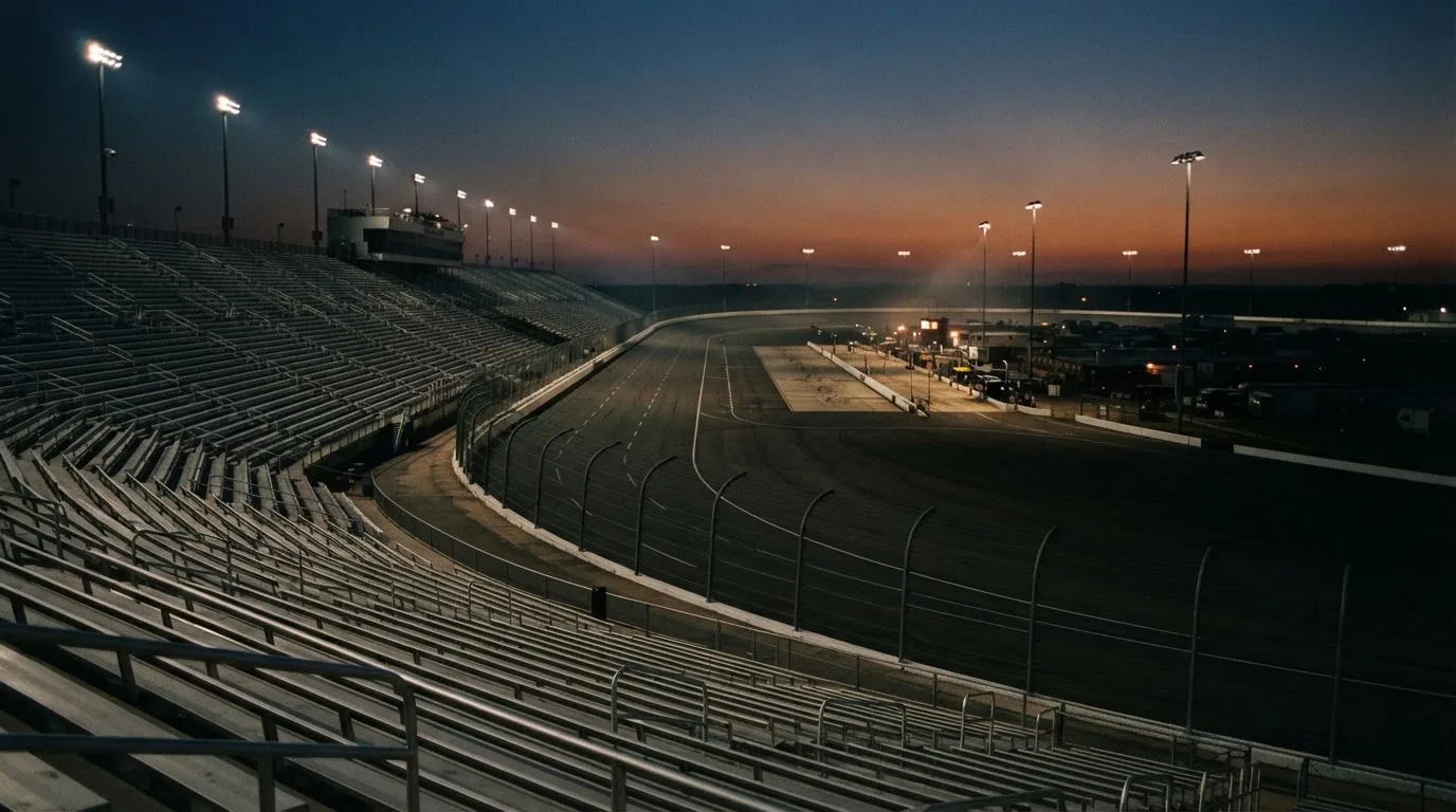 An empty football stadium with floodlight masts at dusk