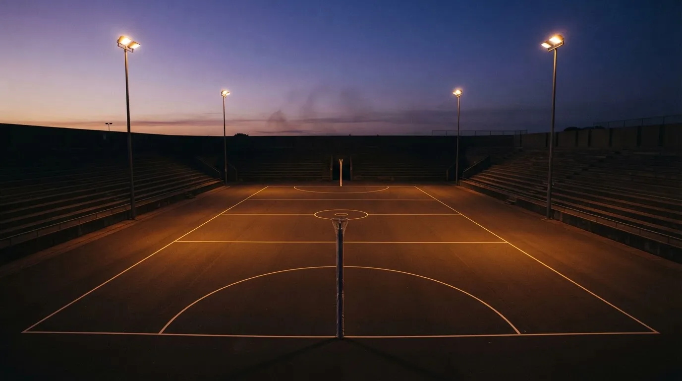 An empty football stadium with floodlight masts at dusk