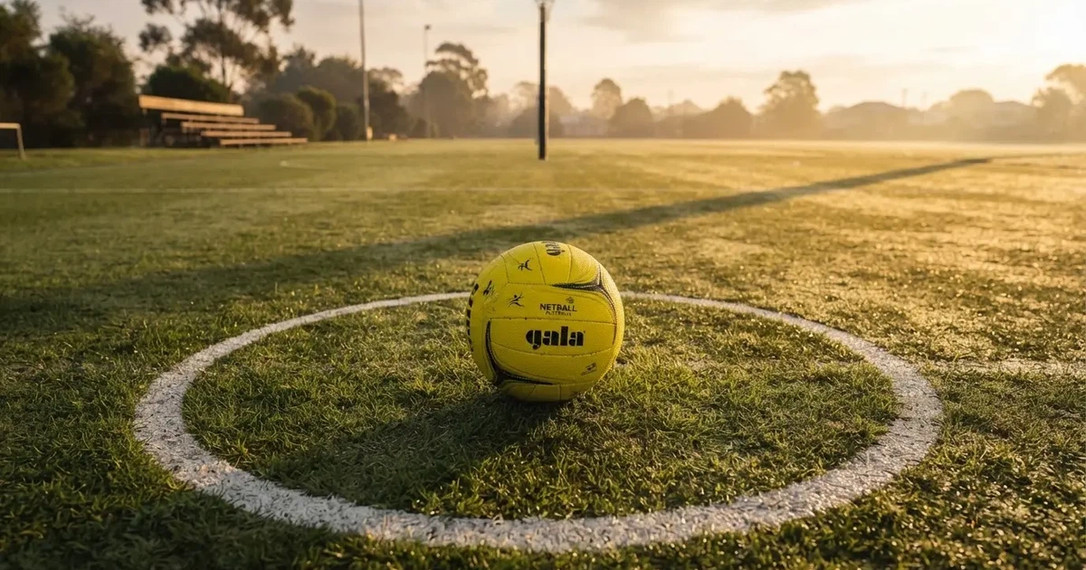 A ball on the centre spot of a grass pitch in morning light
