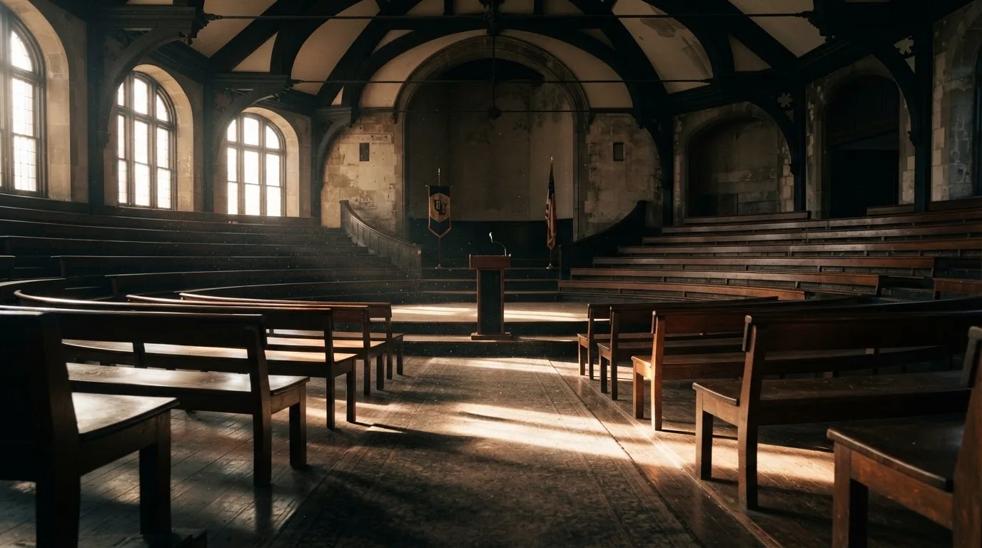 An empty courtroom with wooden benches in morning light