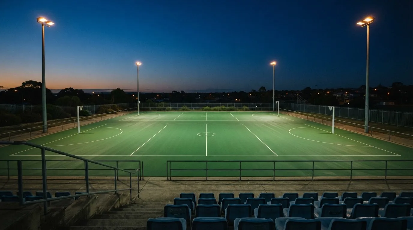 An empty football stadium with floodlight masts at dusk