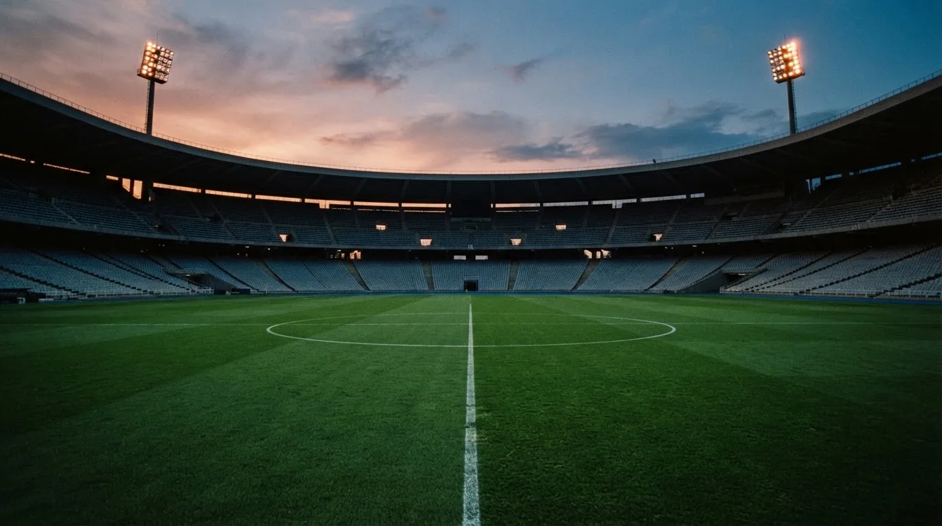 An empty football stadium with floodlight masts at dusk