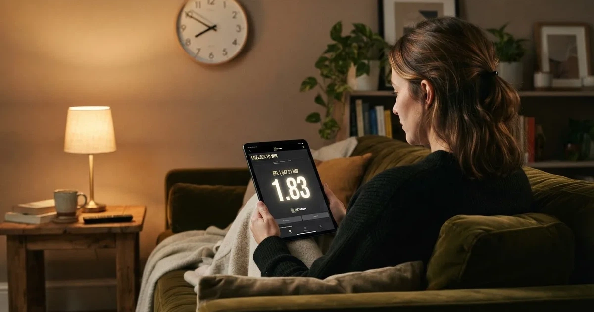 A person on a sofa looking thoughtfully at a tablet, a wall clock in the background