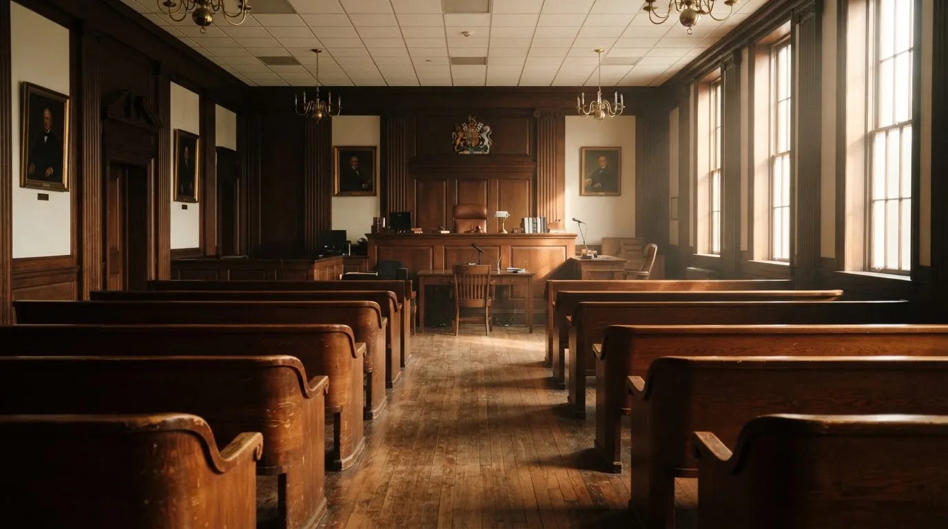 An empty courtroom with wooden benches in morning light