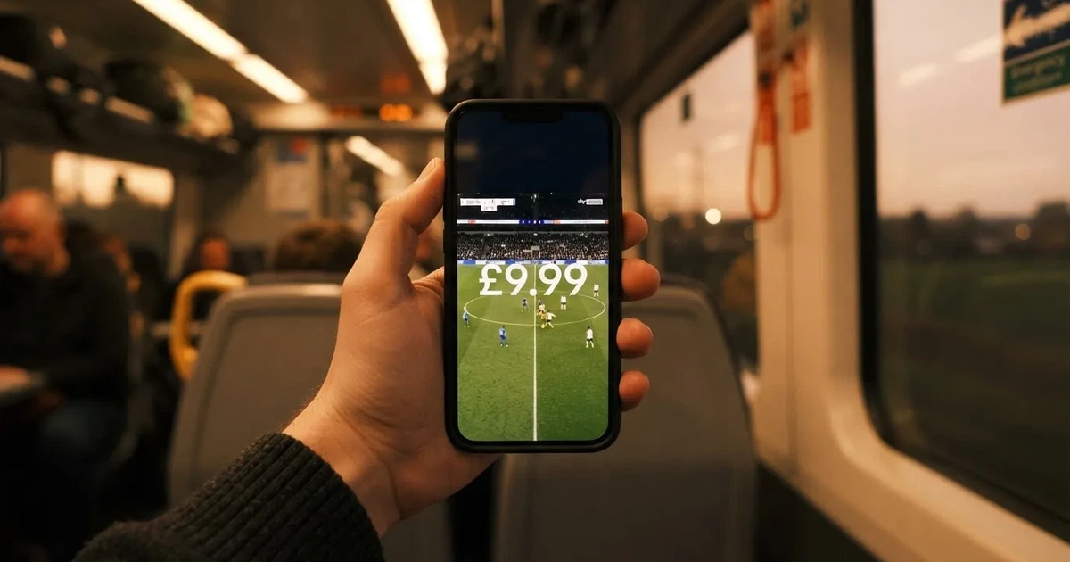 A hand holding a smartphone on a train in the evening, screen turned away