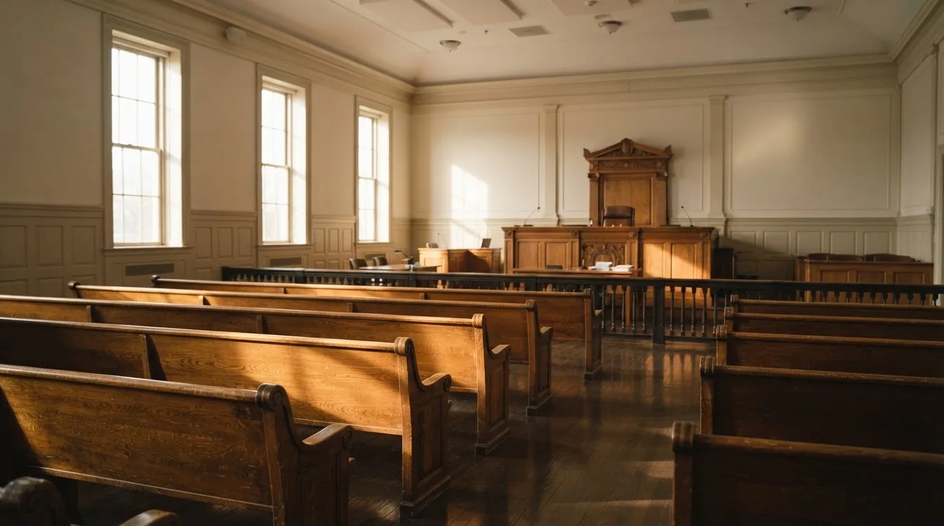 An empty courtroom with wooden benches in morning light