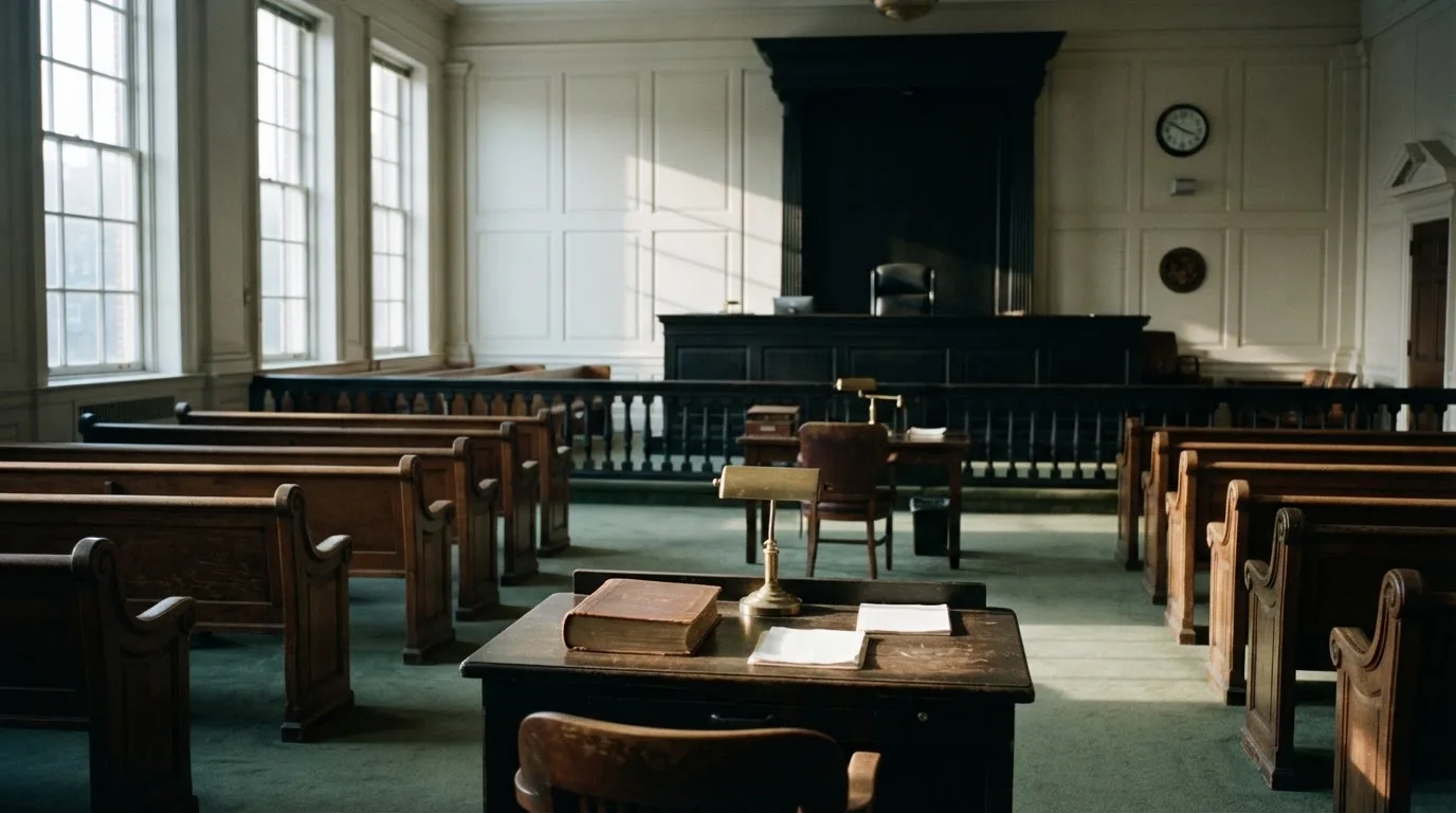 An empty courtroom with wooden benches in morning light