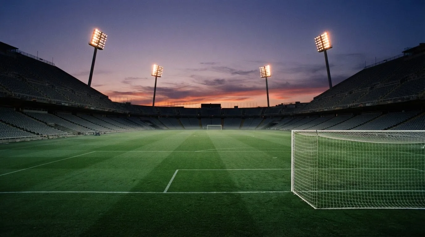An empty football stadium with floodlight masts at dusk