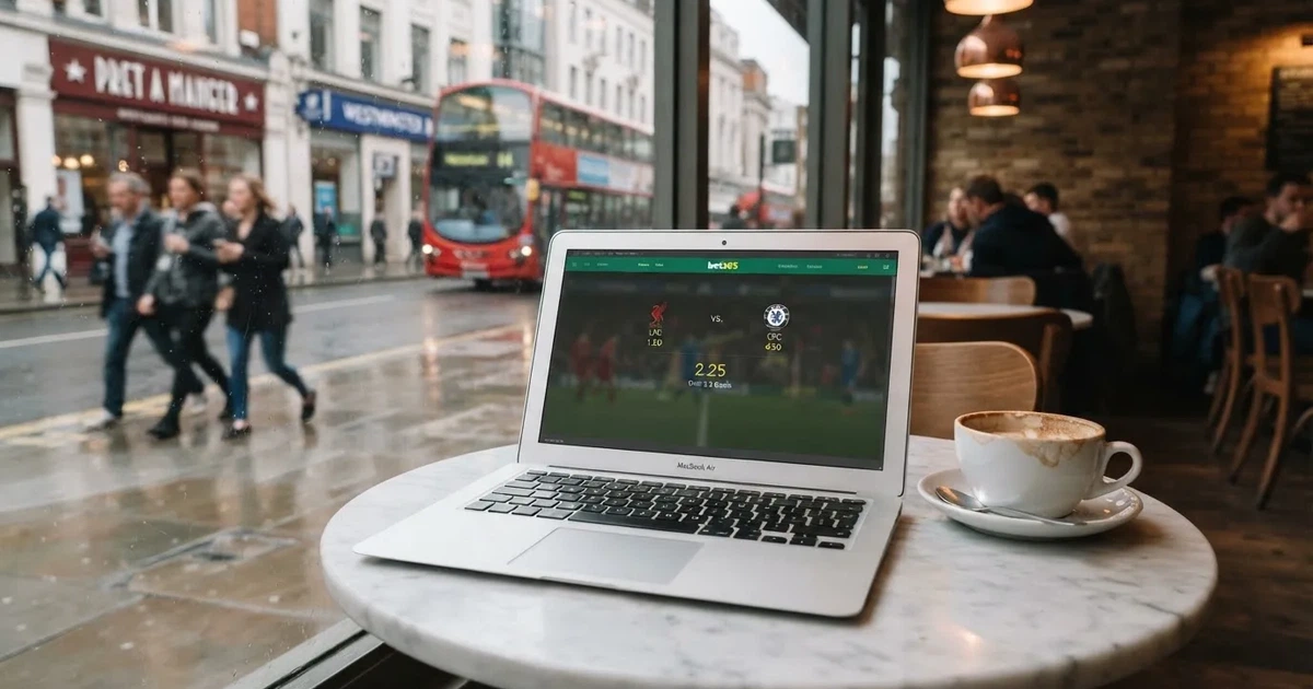 A laptop on a café table by a window onto the street