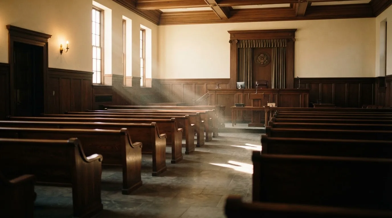 An empty courtroom with wooden benches in morning light