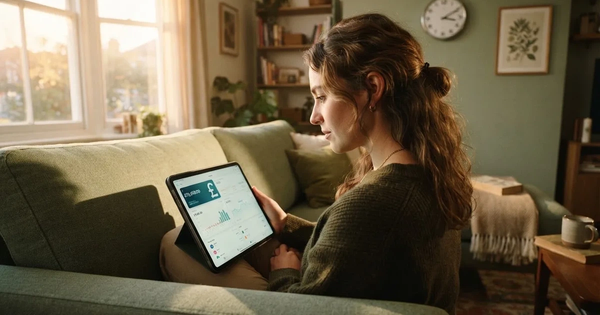 A person on a sofa looking thoughtfully at a tablet, a wall clock in the background