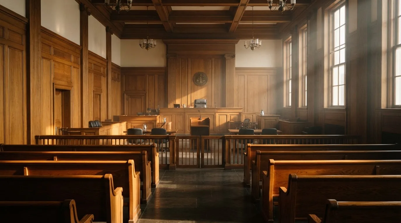 An empty courtroom with wooden benches in morning light