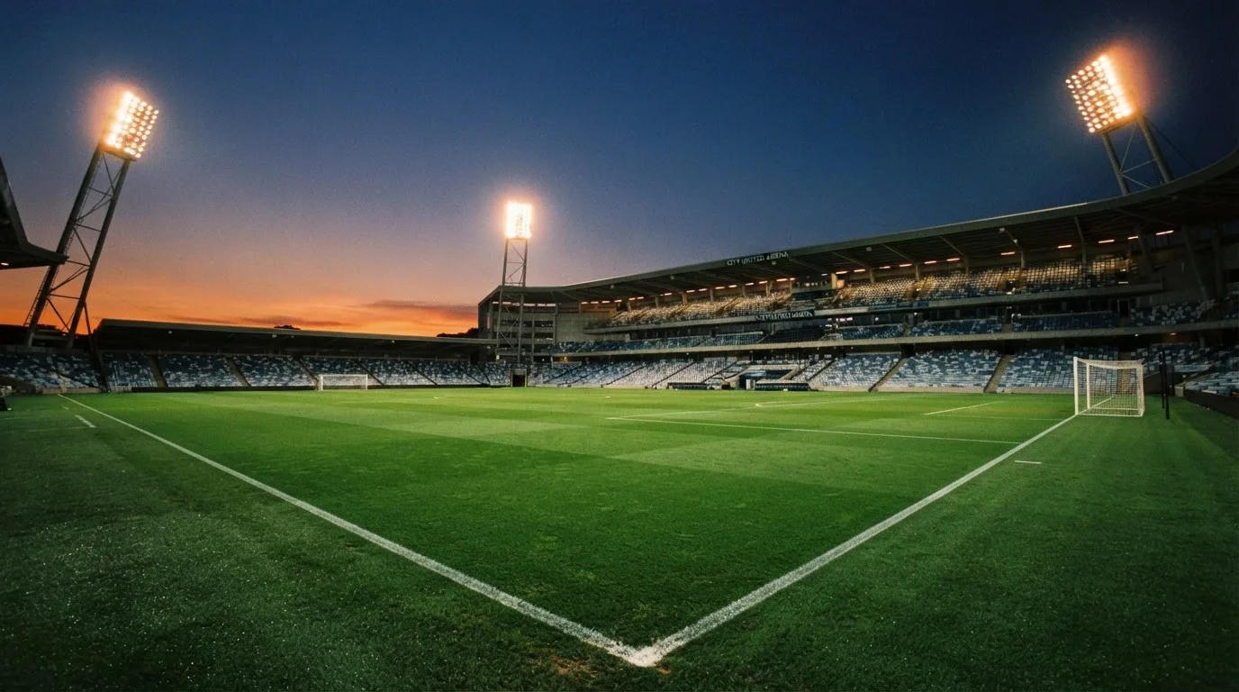 An empty football stadium with floodlight masts at dusk