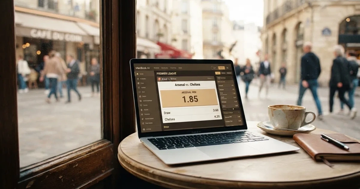 A laptop on a café table by a window onto the street
