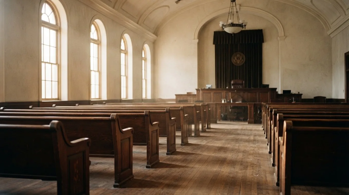 An empty courtroom with wooden benches in morning light