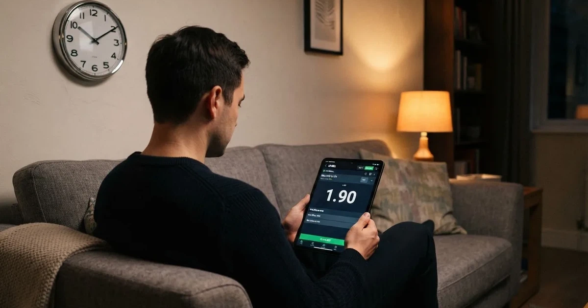 A person on a sofa looking thoughtfully at a tablet, a wall clock in the background