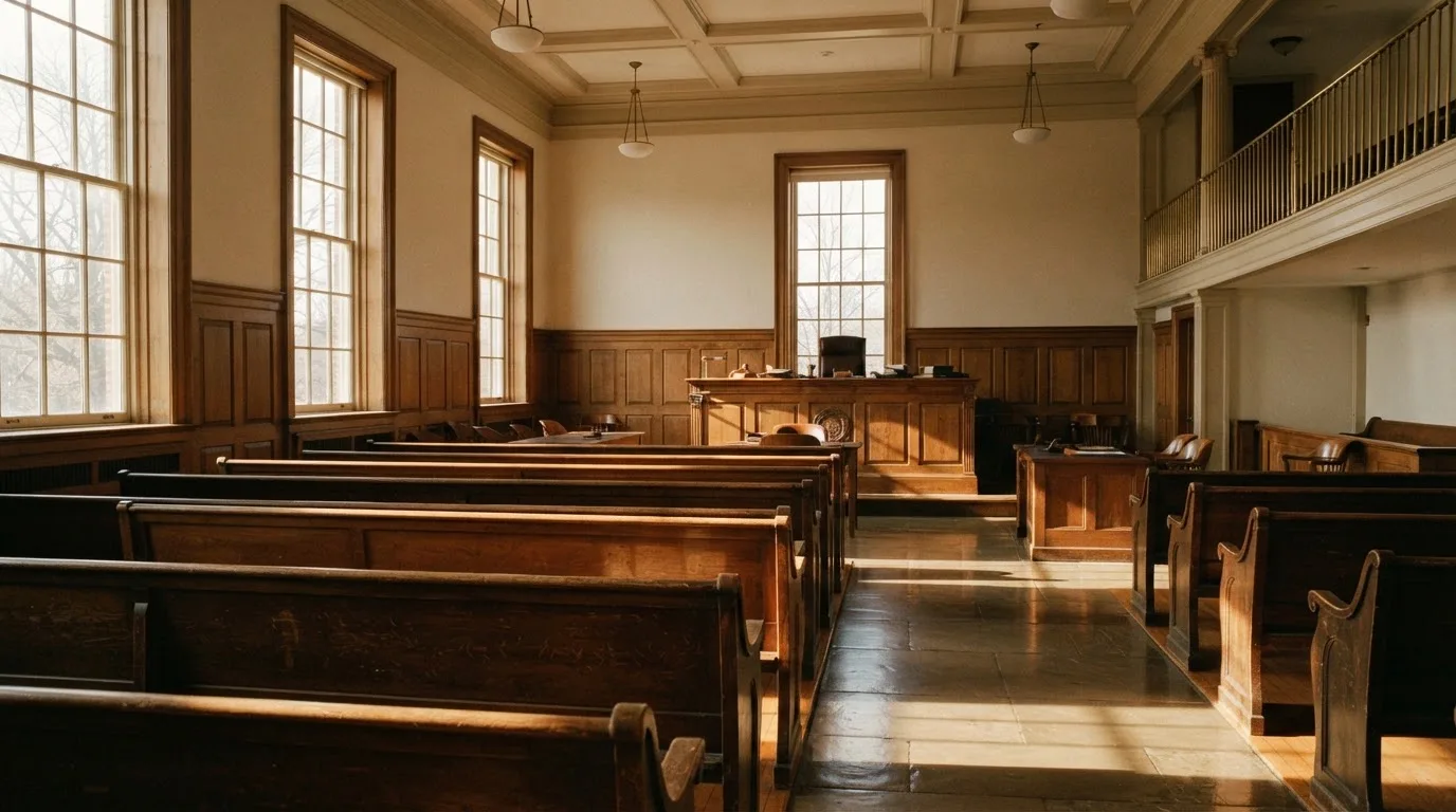An empty courtroom with wooden benches in morning light