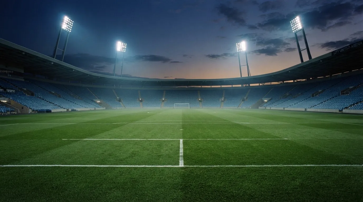 An empty football stadium with floodlight masts at dusk