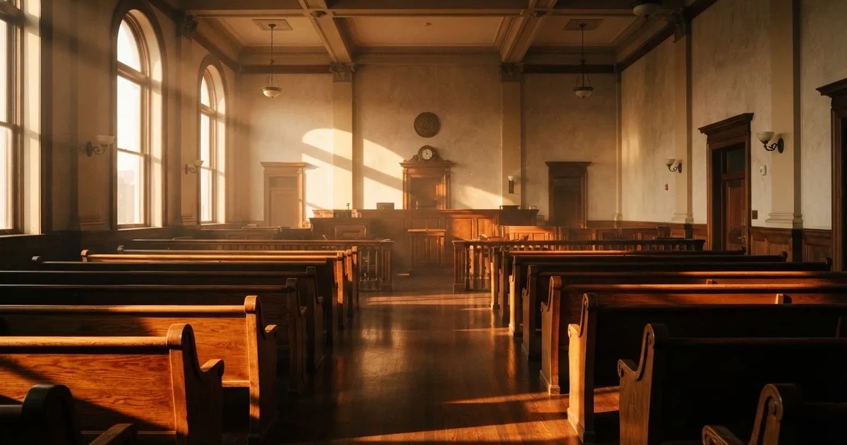 An empty courtroom with wooden benches in morning light