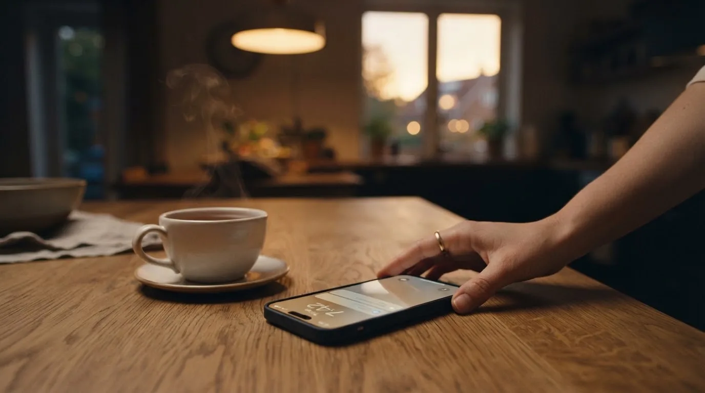 A hand setting a smartphone down beside a cup of tea on a kitchen table on a quiet evening