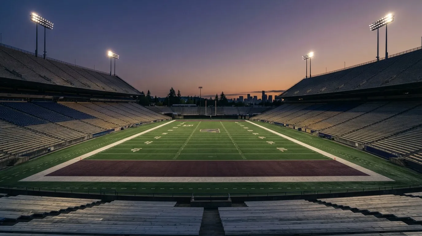 An empty football stadium with floodlight masts at dusk