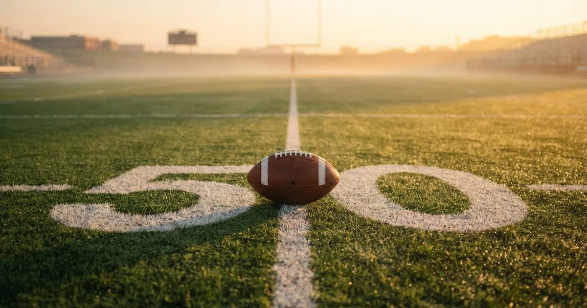 A ball on the centre spot of a grass pitch in morning light