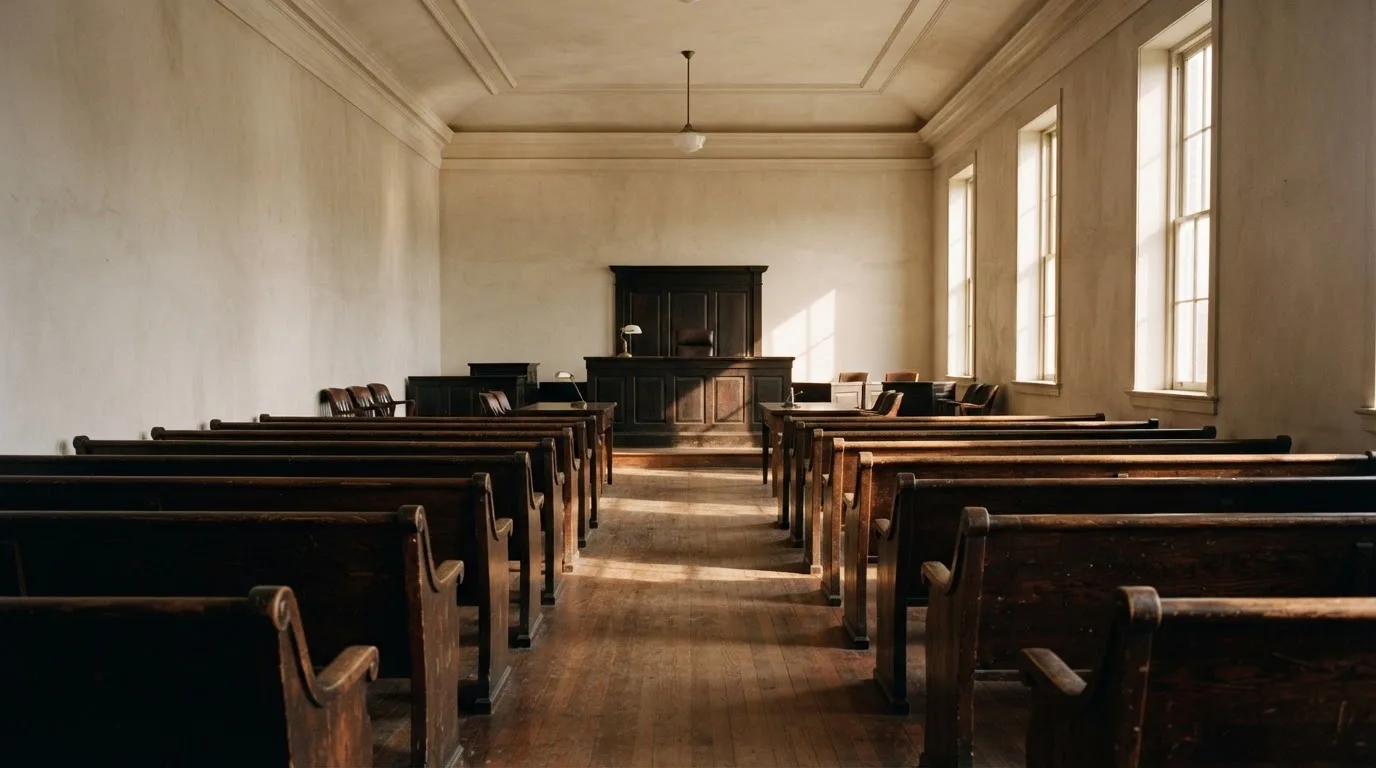 An empty courtroom with wooden benches in morning light