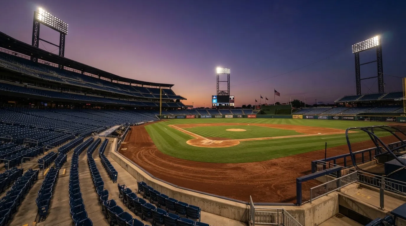 An empty football stadium with floodlight masts at dusk