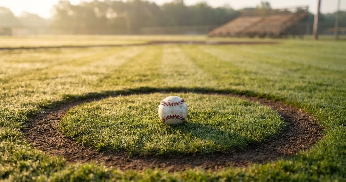 A ball on the centre spot of a grass pitch in morning light