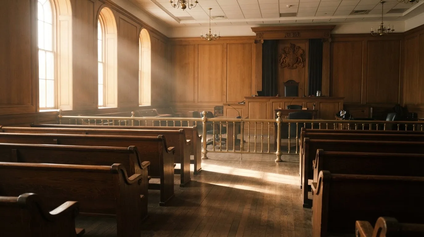 An empty courtroom with wooden benches in morning light