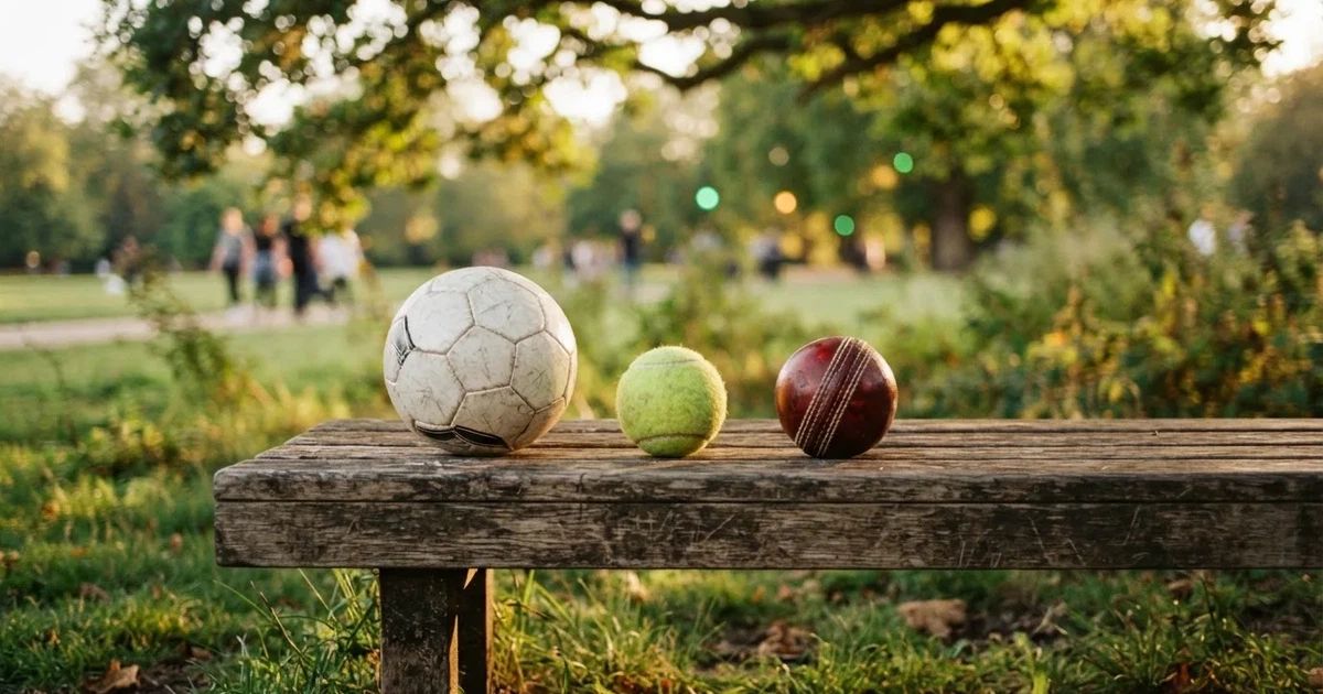 Three balls of different kinds side by side on a wooden bench