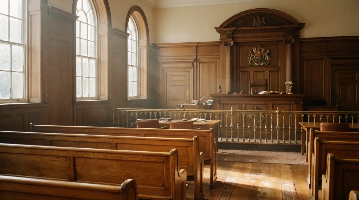 An empty courtroom with wooden benches in morning light
