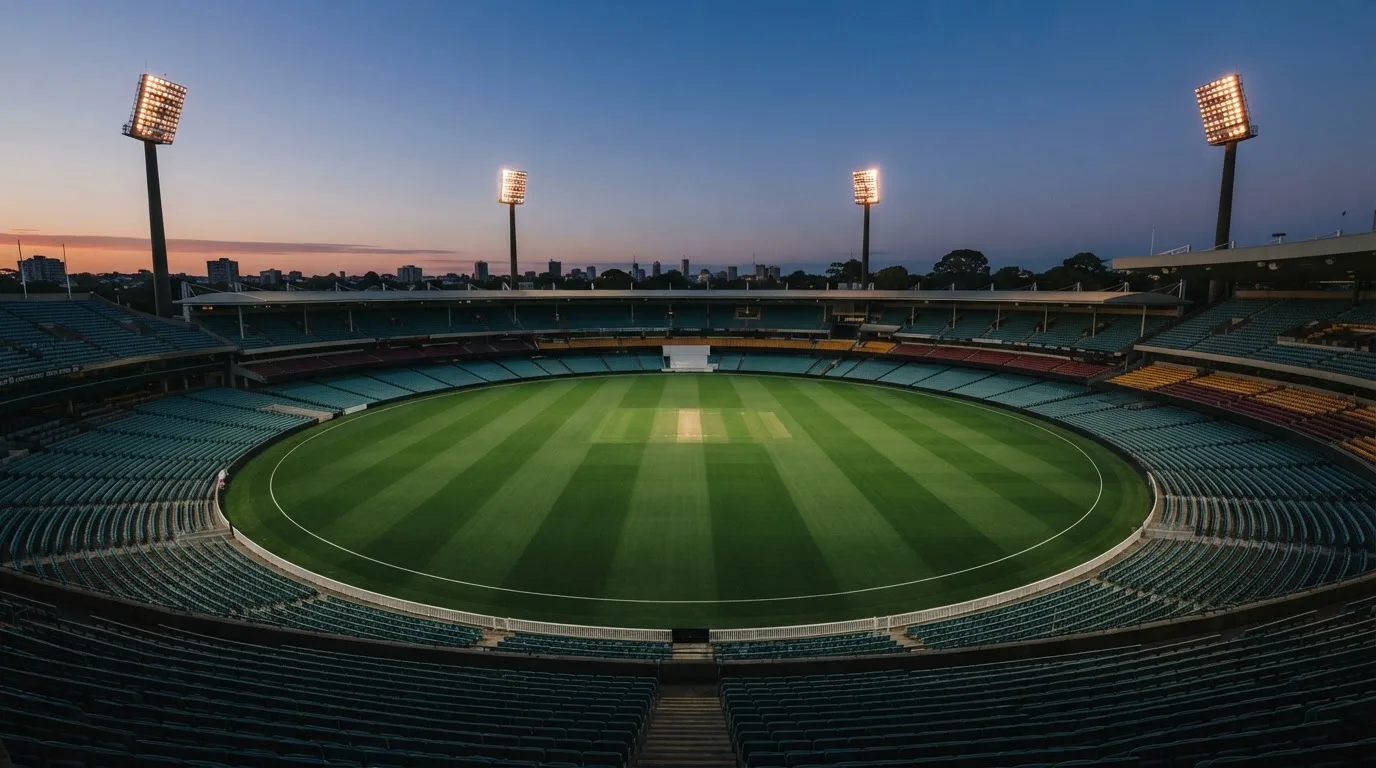 An empty football stadium with floodlight masts at dusk