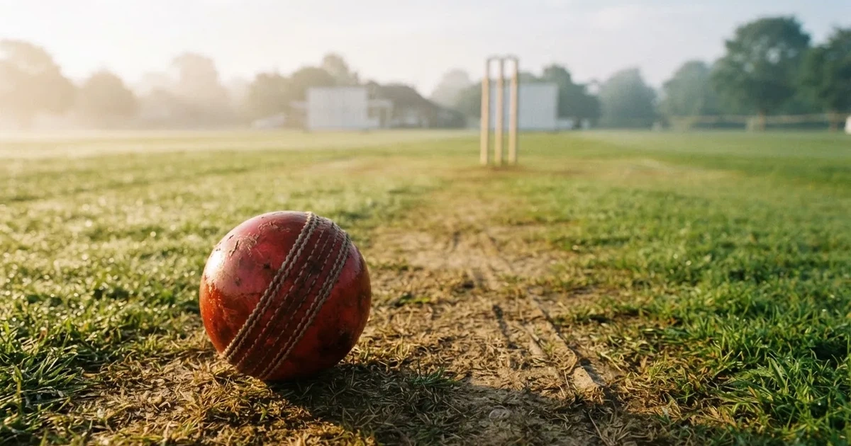 A ball on the centre spot of a grass pitch in morning light