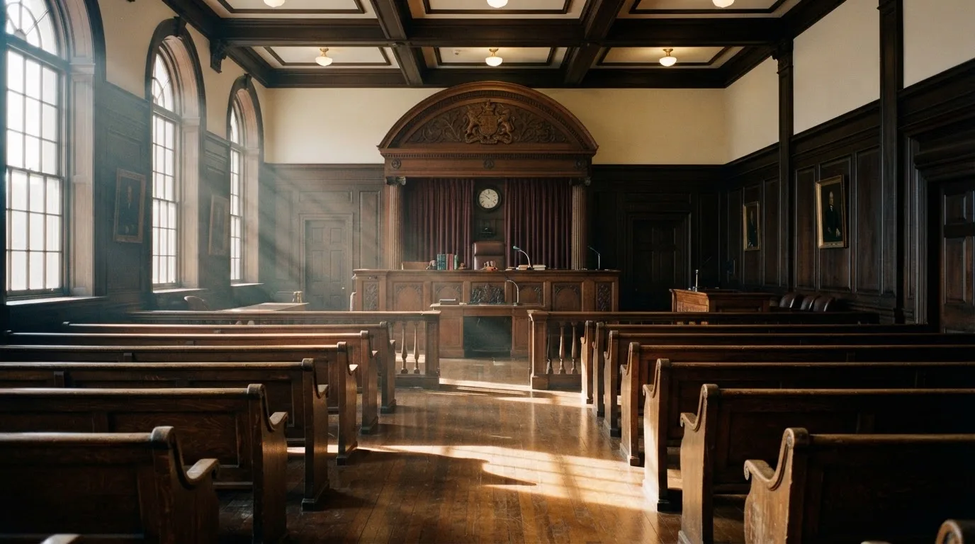 An empty courtroom with wooden benches in morning light