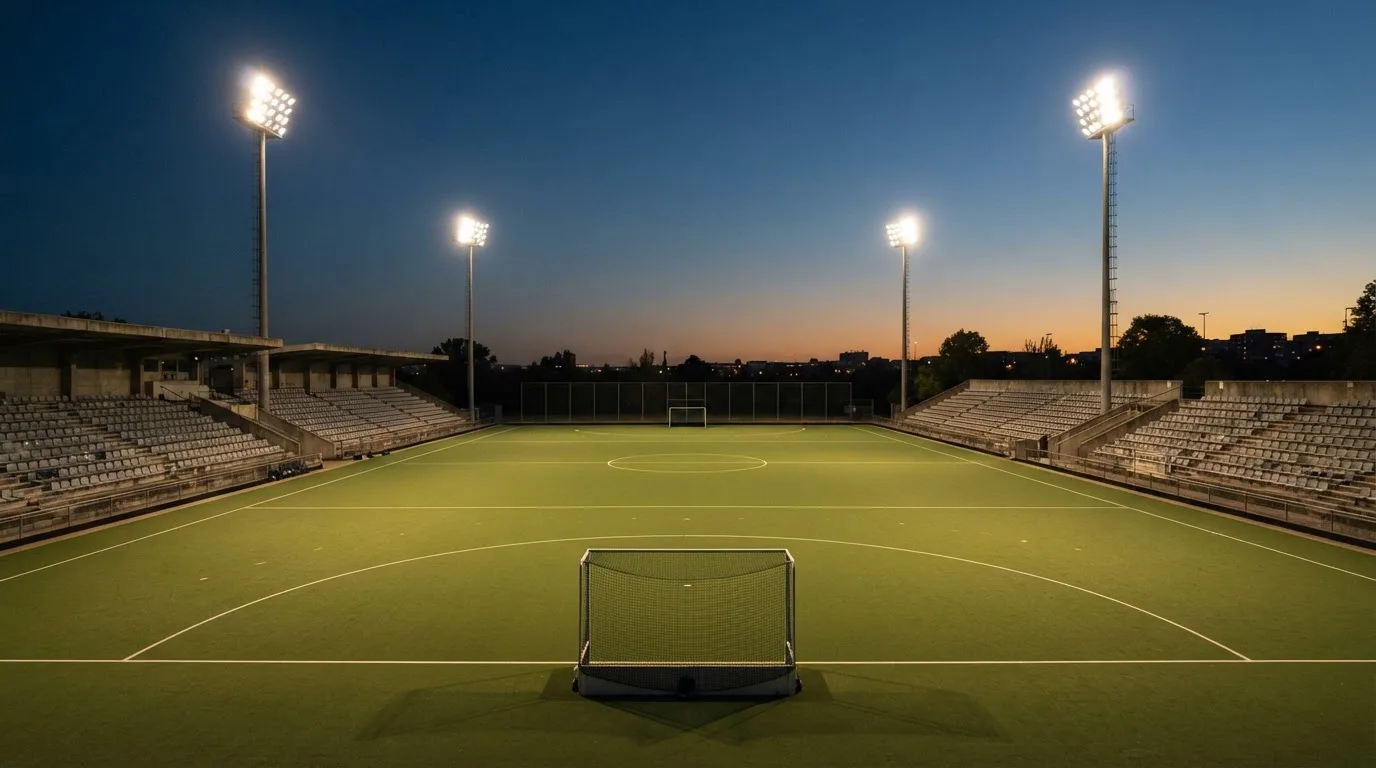 An empty football stadium with floodlight masts at dusk