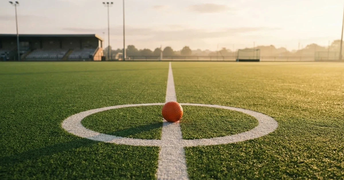 A ball on the centre spot of a grass pitch in morning light