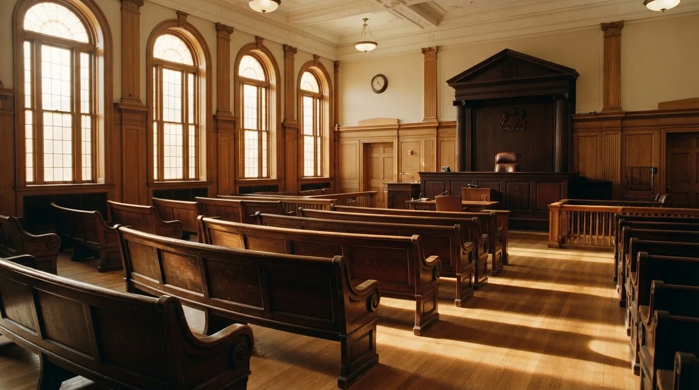 An empty courtroom with wooden benches in morning light