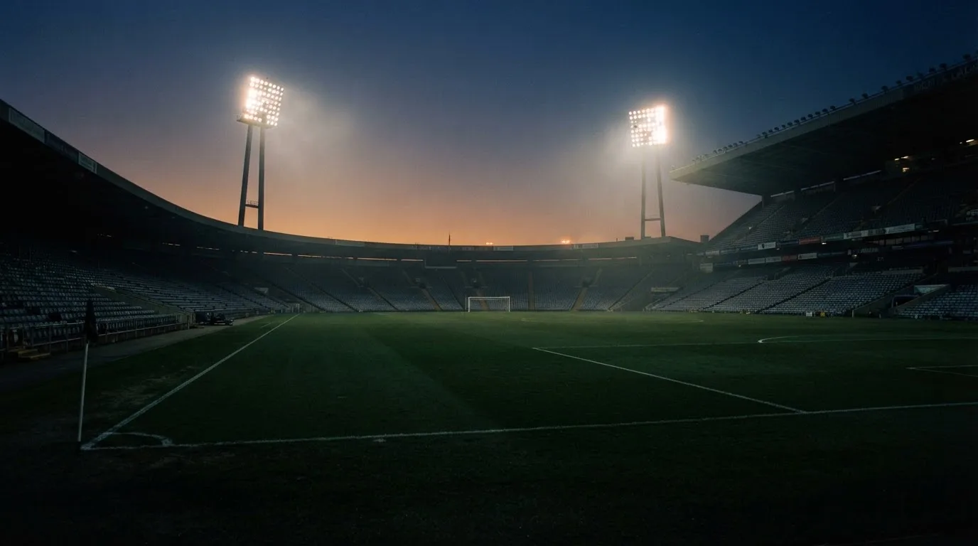 An empty football stadium with floodlight masts at dusk