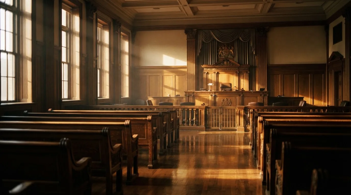An empty courtroom with wooden benches in morning light